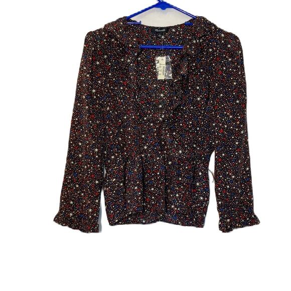 Madewell Silk Ruffle-Hem Wrap Top in Starry Night Star Print Blouse Size S - Picture 1 of 12